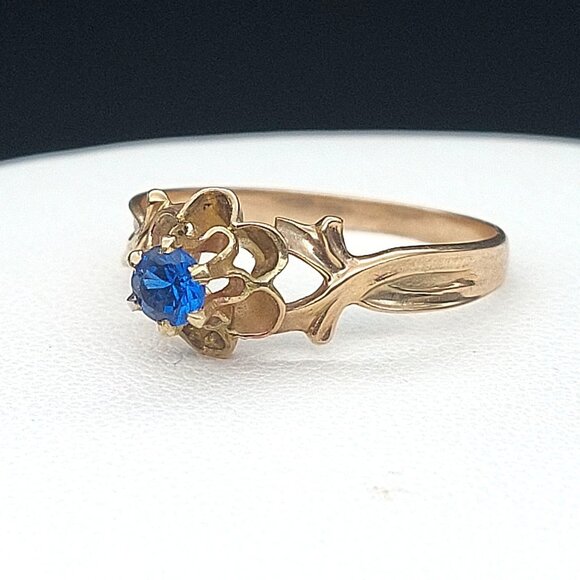 Antique 10K Gold Victorian Blue Spinel Ring Art Nouveau Floral 6-Prong Solitaire - Picture 1 of 12